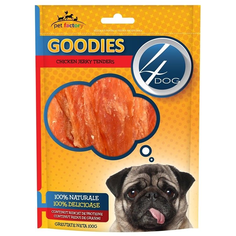 Recompense caini, 4Dog Goodies, Chicken Jerky Tenders, 100g