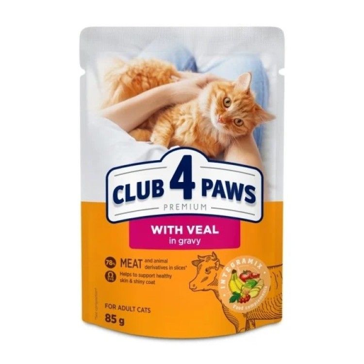 Hrana umeda premium pisici adulte, Club 4 Paws, Vitel, 85 g (Hrana Umeda - Pisici)