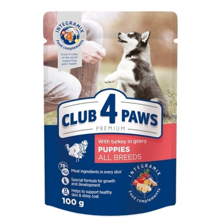 Hrana umeda premium caini, Club 4 Paws Puppy All Breeds, Curcan, 100 g (Hrana Umeda - Caini)