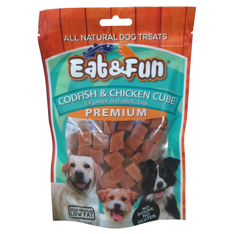 Recompense caini, Eat & Fun Codfish & Chicken Cube, 100 g (Delicii - Caini)