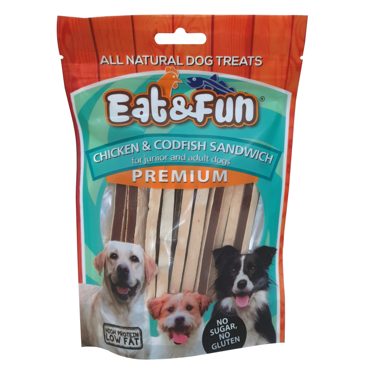 Recompense caini, Eat & Fun Chicken & Codfish Sandiwch, 100 g (Delicii - Caini)