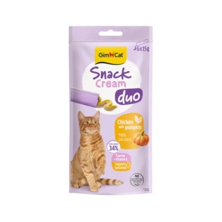 Recompense pisici adulte, GimCat Snack Duo Cream, Pui si Dovleac, 6 x 15 g (Delicii - Pisici)