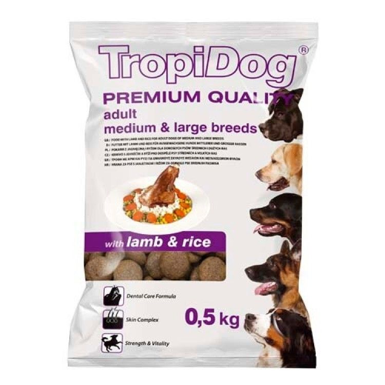 TropiDog Premium Adult, Talie Medie & Mare, Miel & Orez, 500 g