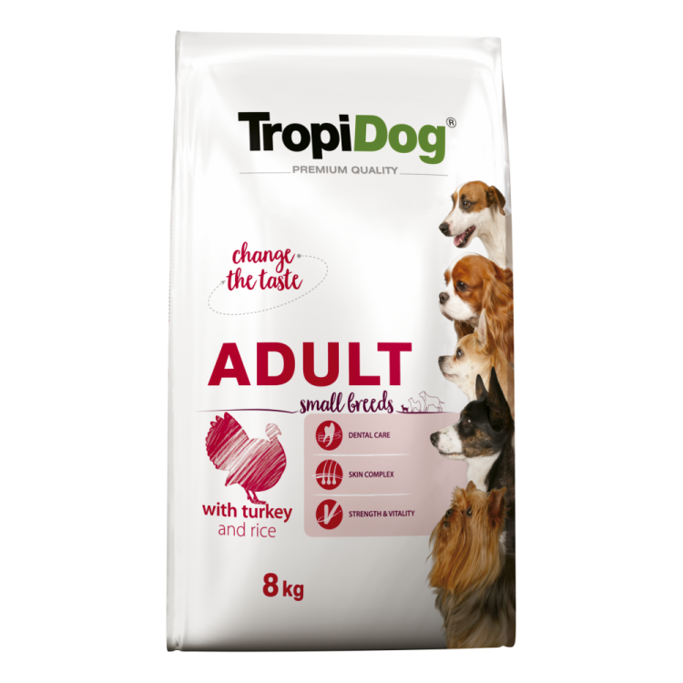 TropiDog Premium Adult, Talie Mica, Curcan & Orez, 8 kg