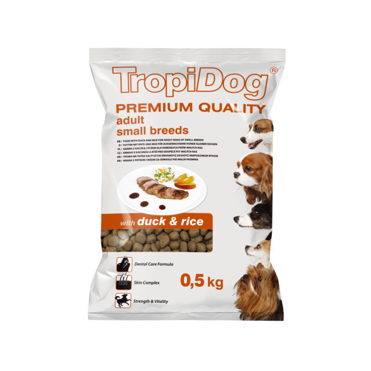 TropiDog Premium Adult, Talie Mica, Rata & Orez, 500 g