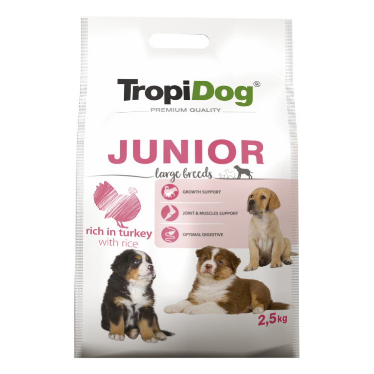 TropiDog Premium Junior, Talie Mare, Curcan & Orez, 2.5 kg