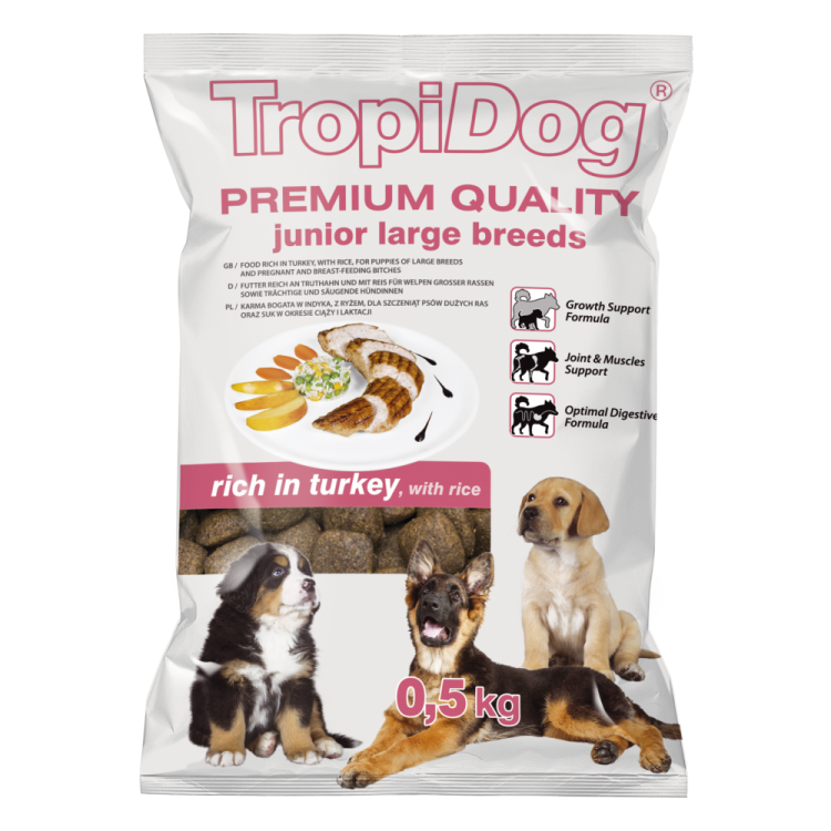 TropiDog Premium Junior, Talie Mare, Curcan & Orez, 500 g