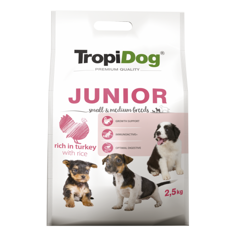 TropiDog Premium Junior, Talie Mica & Medie, Curcan & Orez, 2.5 kg