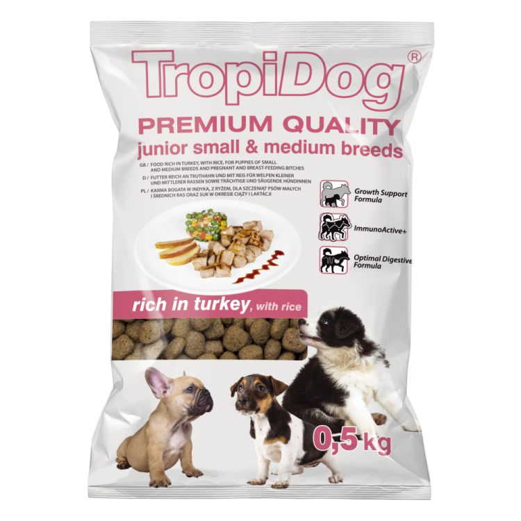 TropiDog Premium Junior, Talie Mica & Medie, Curcan & Orez, 500 g