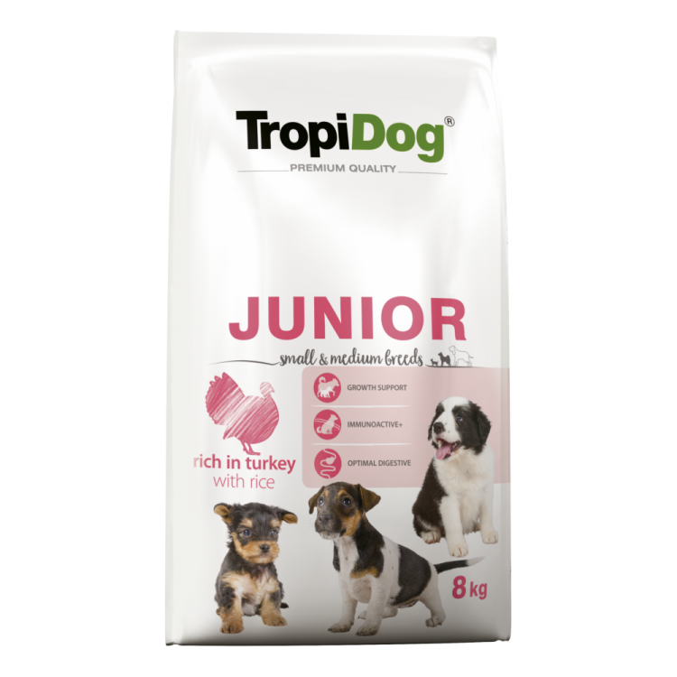 TropiDog Premium Junior, Talie Mica & Medie, Curcan & Orez, 8 kg