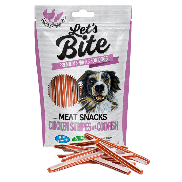 BRIT Let's Bite Meat Snacks Chicken Stripes With Codfish, 80 g (Delicii - Caini)