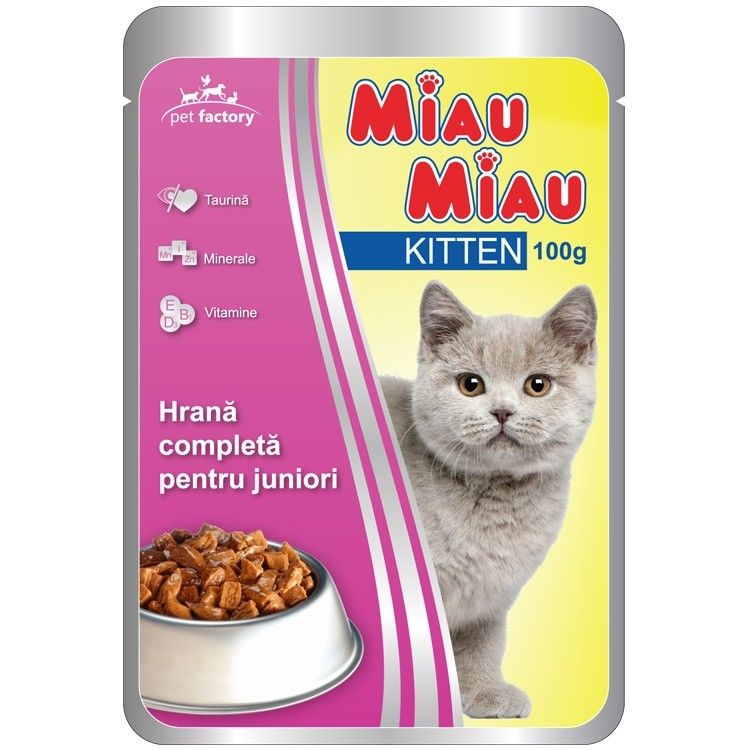 Mancare umeda pisici, Miau Miau Kitten, Pui, 100g