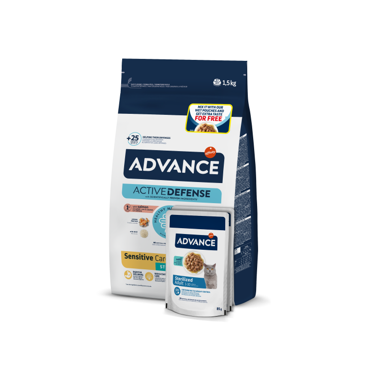 Advance Cat Sterilized Somon Sensitive 1.5 kg + 2 Plicuri Sterilized Cod 85 g (Hrana Uscata - Pisici)