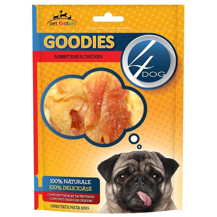 Recompense caini, 4Dog Goodies, Rabbit Ear & Chicken, 100g