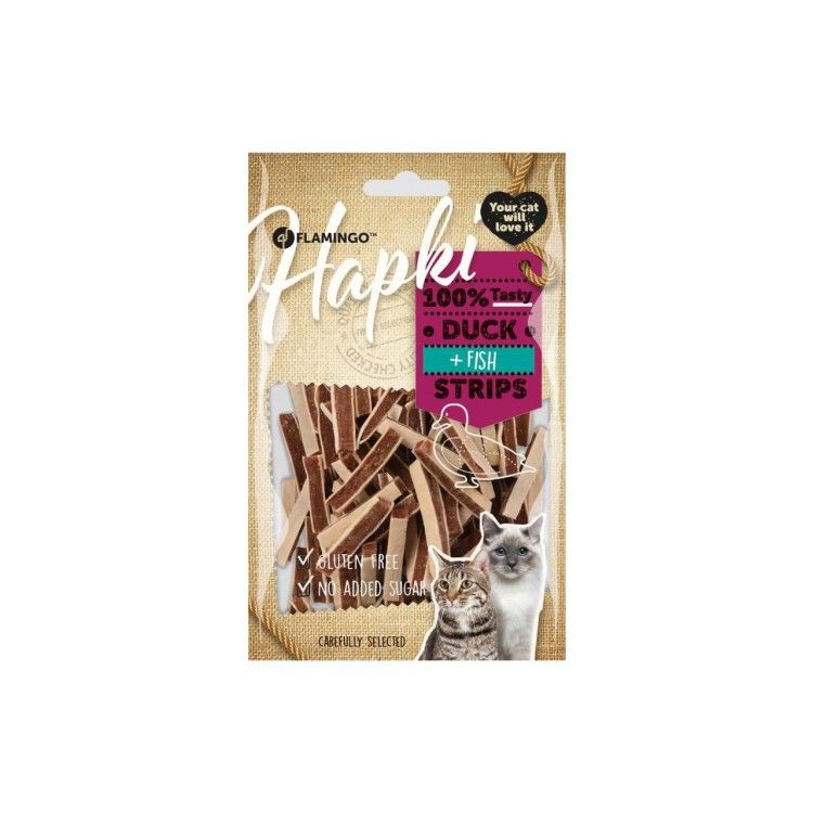 RECOMPENSE PENTRU PISICI SNACK HAPKI STRIPS RATA&COD 85G.
