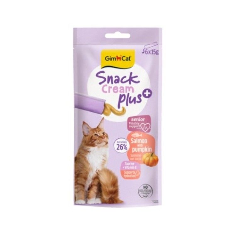 Recompense pisici senior, GimCat Snack Cream Plus+, Somon si Dovleac, 6 x 15 g (Delicii - Pisici)