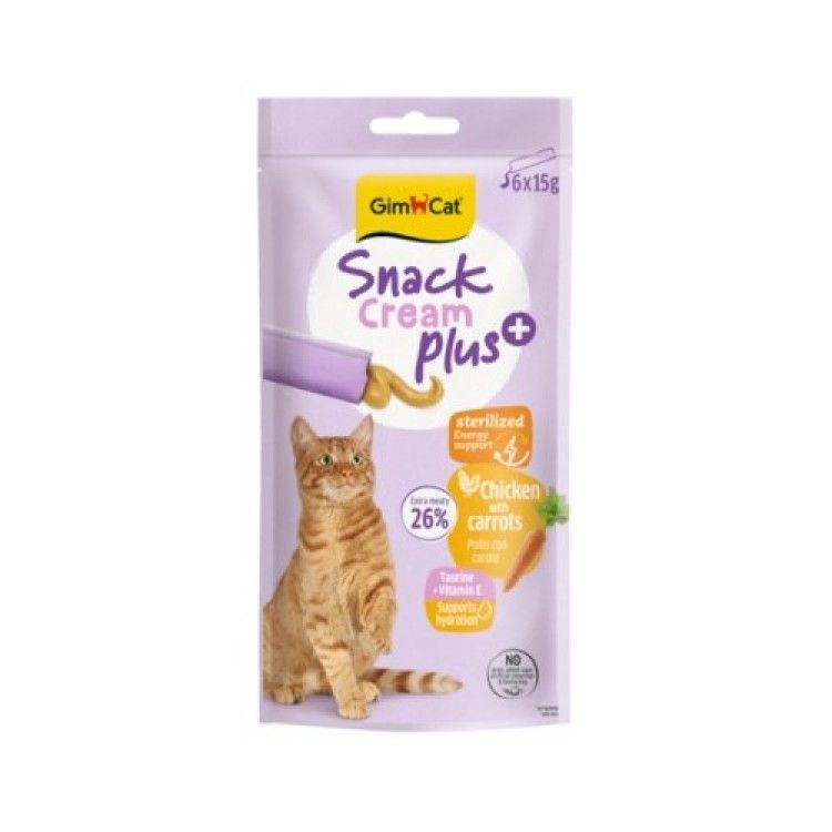 Recompense pisici sterilizate, GimCat Snack Plus+ Cream, Pui si Morcov, 6 x 15 g (Delicii - Pisici)
