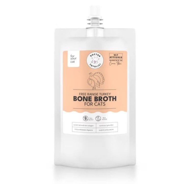 Supa de oase de curcan bio pentru pisici Doctor Totolici, cu dop resigilabil, 150 ml (Delicii - Pisici)