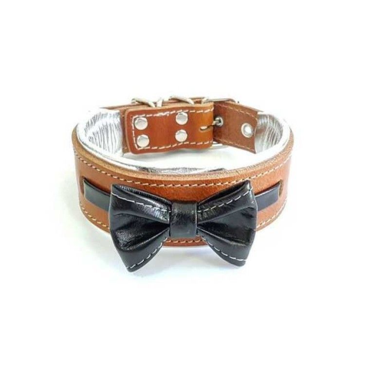 Bestia Zgarda Bowtie-Papion, Piele Naturala, S, Maro/ Negru (Zgarzi)