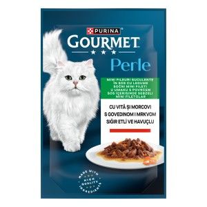 GOURMET PERLE cu Vita, Morcovi, Legume in Sos, 85 g (Hrana Umeda - Pisici)