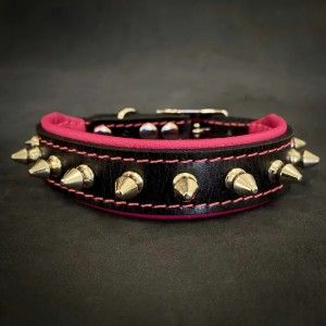 Bestia Zgarda Spiky, Piele Naturala, S: 25-30 cm, Roz (Zgarzi)