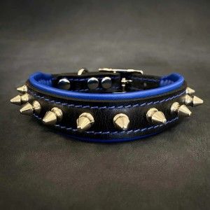 Bestia Zgarda Spiky, Piele Naturala, S: 25-30 cm, Albastru (Zgarzi)