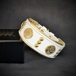 Bestia Zgarda Maximus, Piele Naturala, M, Alb/ Galben (Zgarzi)