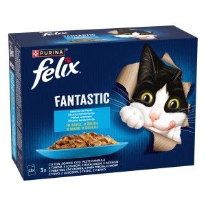 Felix Fantastic Ton, Somon, Cod, Peste Cambula in Aspic, 12 x 85 g (Hrana Umeda - Pisici)