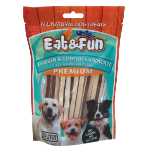 Recompense caini, Eat & Fun Chicken & Codfish Sandiwch, 100 g (Delicii - Caini)