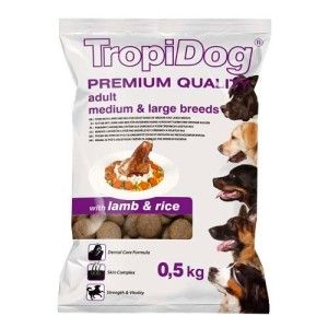 TropiDog Premium Adult, Talie Medie & Mare, Miel & Orez, 500 g