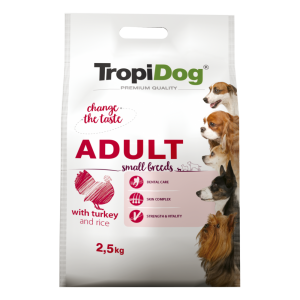 TropiDog Premium Adult, Talie Mica, Curcan & Orez, 2.5 kg