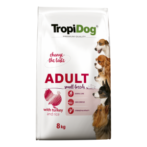 TropiDog Premium Adult, Talie Mica, Curcan & Orez, 8 kg