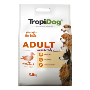 TropiDog Premium Adult, Talie Mica, Rata & Orez, 2.5 kg