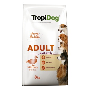 TropiDog Premium Adult, Talie Mica, Rata & Orez, 8 kg