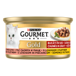 Gourmet Gold Bucatele de Carne in Sos, Pui si Somon, 85 g (Hrana Umeda - Pisici)