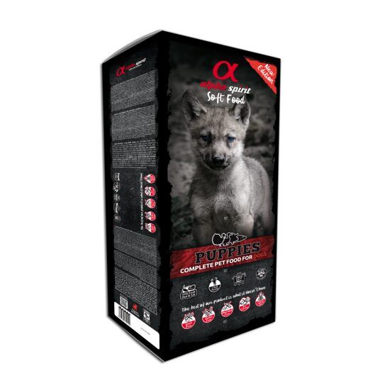 Hrană semi-umedă Premium pentru câine junior Alpha Spirit, mix carne, 9 kg