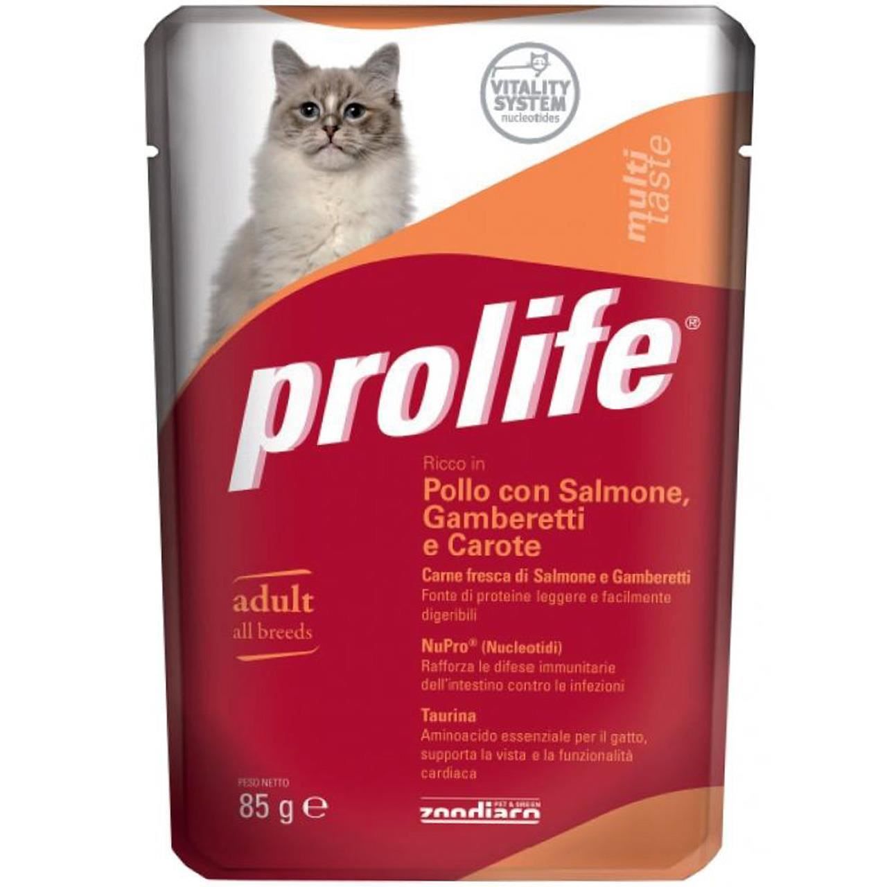 Hrana umeda pentru pisici premium prolife adult pui & somon, creveti & morcovi plic 85gr/26643