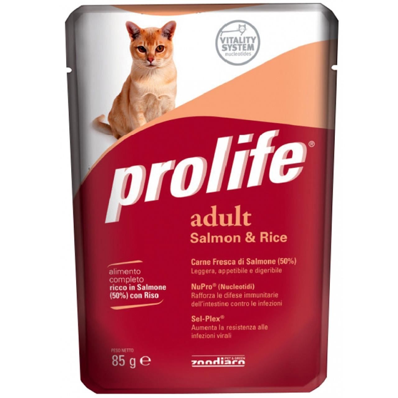Hrana umeda pentru pisici premium prolife adult somon & orez plic 85 gr