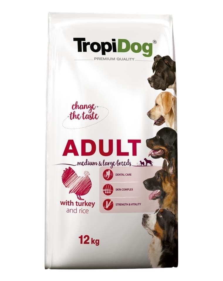 TropiDog Premium Adult, Talie Mica, Curcan & Orez, 12 kg