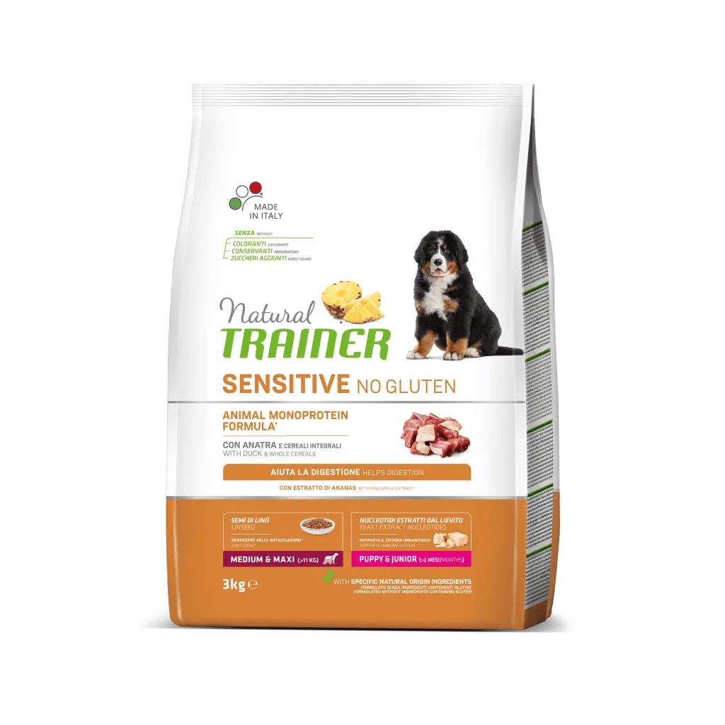Natural Trainer, Sensitive No Gluten Medium Maxi Puppy & Junior, Rata si Cereale Integrale, 3 kg câini