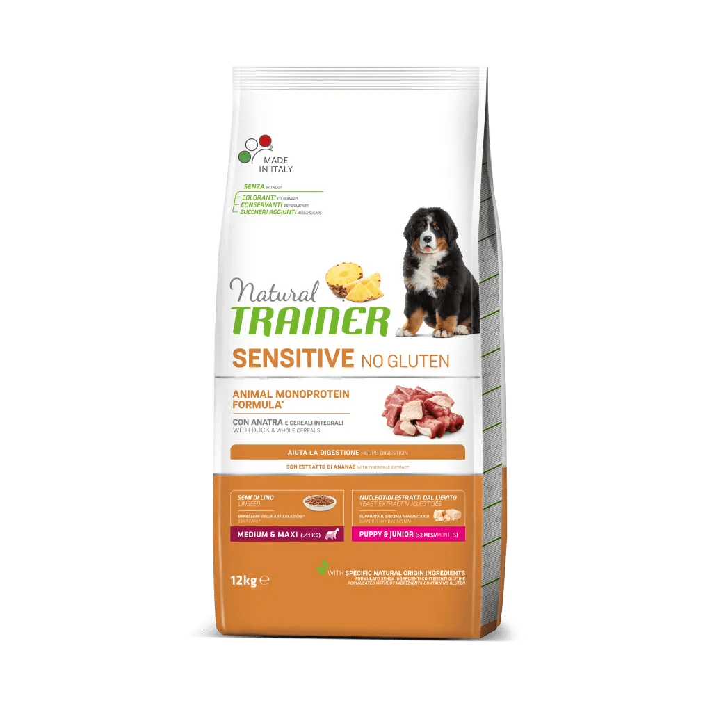 Natural Trainer, Sensitive No Gluten Medium Maxi Puppy & Junior, Rata si Cereale Integrale, 12 kg câini