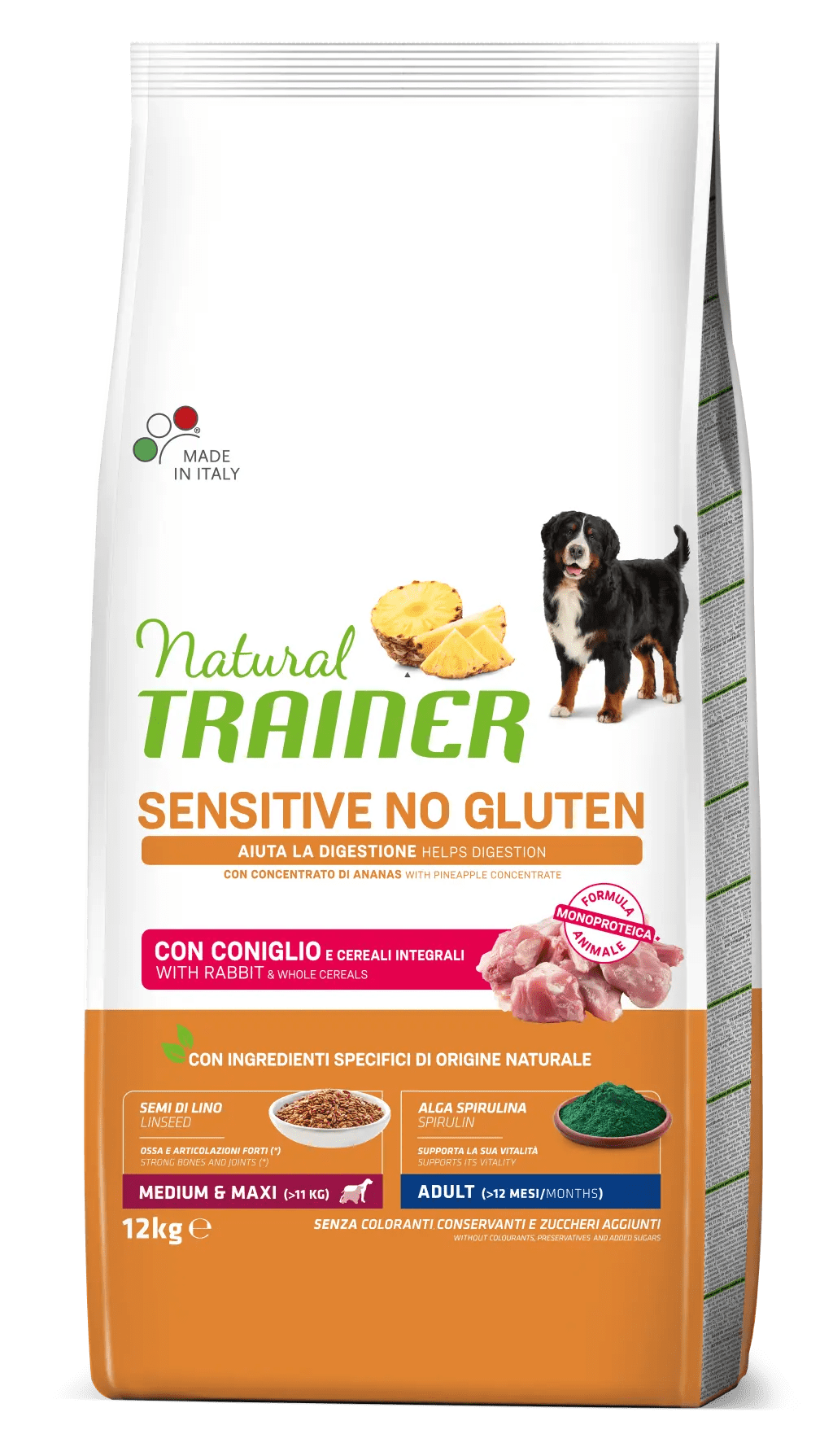 Natural Trainer, Sensitive No Gluten Mediu & Maxi Adult, Iepure si Cereale Integrale, 12 kg