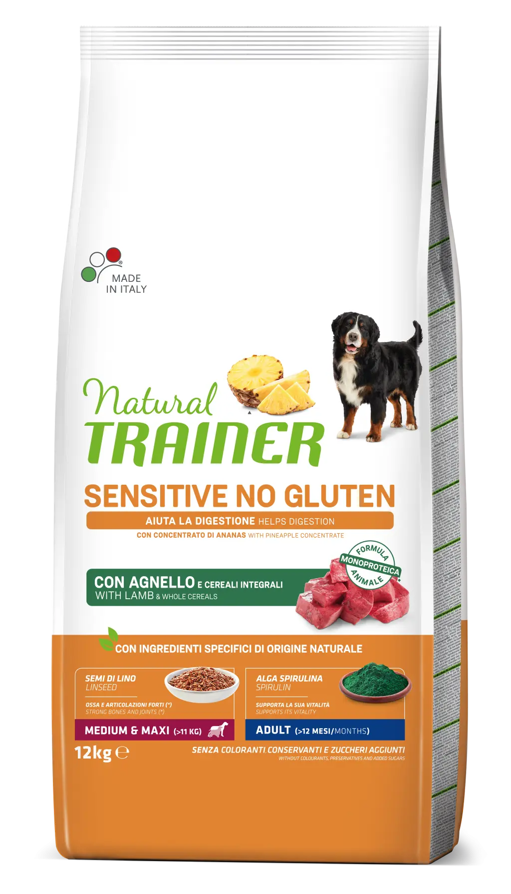 Natural Trainer, Sensitive No Gluten Medium Maxi Adult, Miel si Cereale Integrale, 12 kg Adult