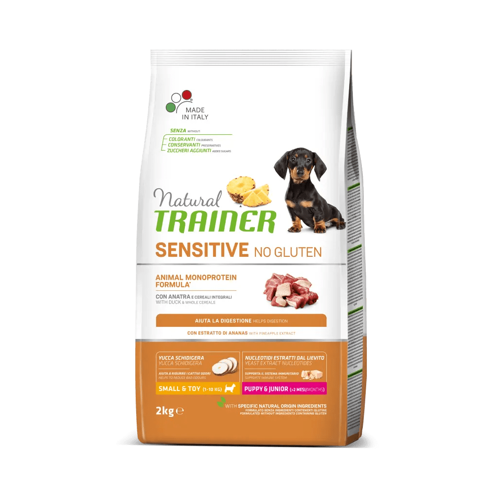 Natural Trainer, Sensitive No Gluten Mini & Toy Puppy & Junior, Rata si Cereale Integrale, 2 kg câini