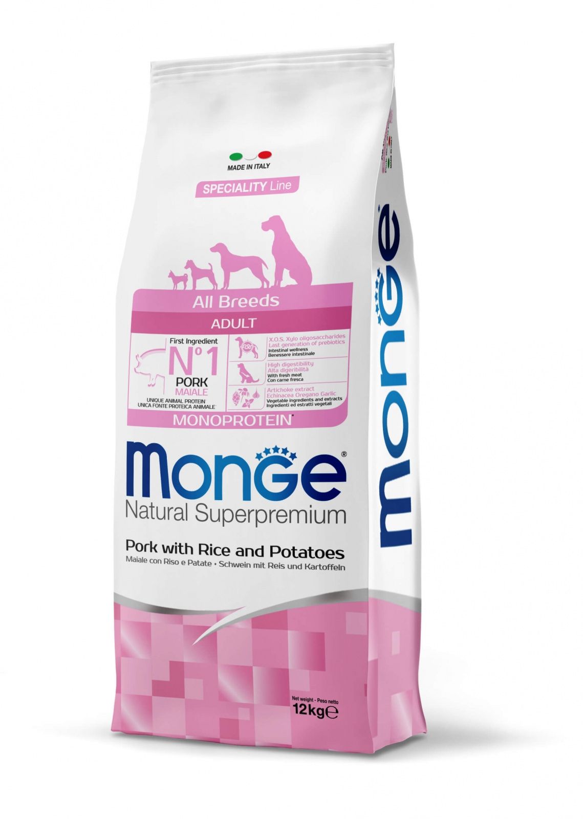 Monge Natural Superpremium Monoprotein Adult All Breeds, Porc si Orez, 12 kg