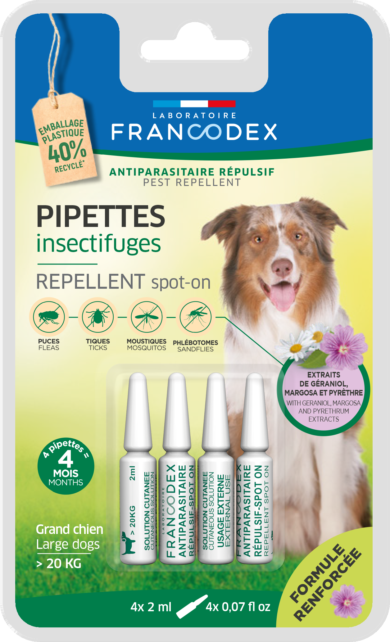 Francodex, Spot On Repelent Geraniol Dog Maxi, 4×2 ml