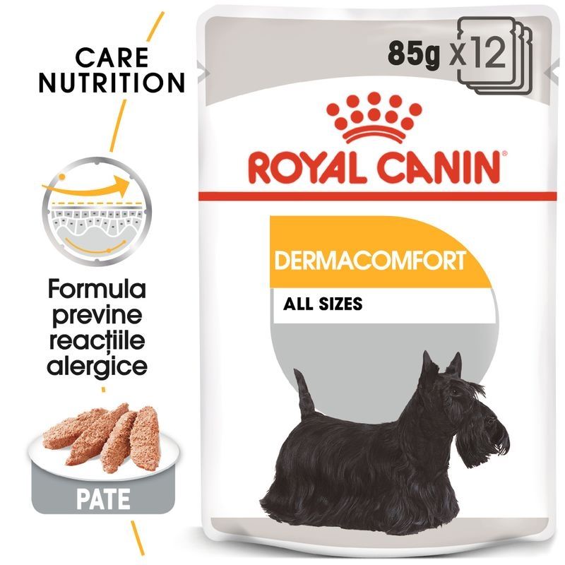 Royal Canin Dermacomfort Adult hrana umeda caine, prevenirea iritatiilor pielii (pate), 12 x 85 g Adult
