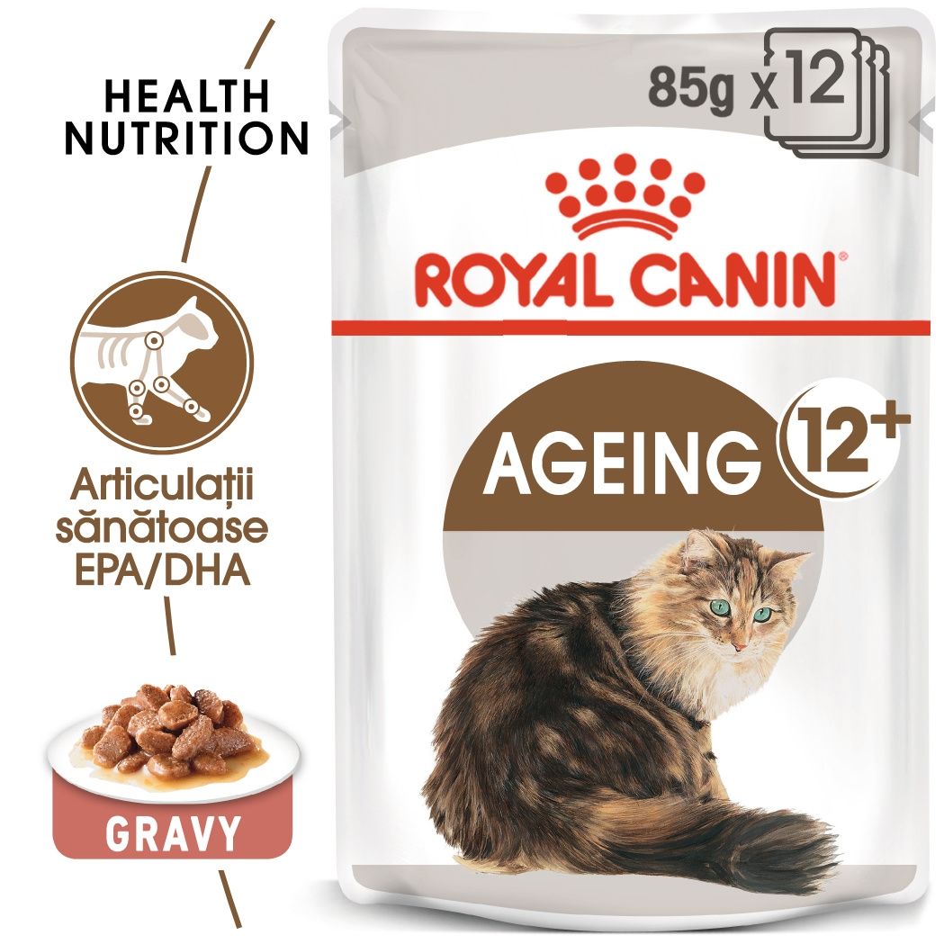 Royal Canin Ageing 12+, hrana umeda pisica senior in sos/ gravy, 12×85 g 12+