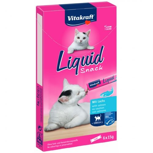 Snack lichid pentru pisici, Vitakraft cu Somon si Omega 3, 6 x 15 g