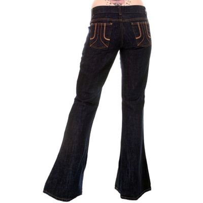 Foto van Run & Fly | Jaren '70 donkere bellbottom jeans met gele stiksels, hoge taille 